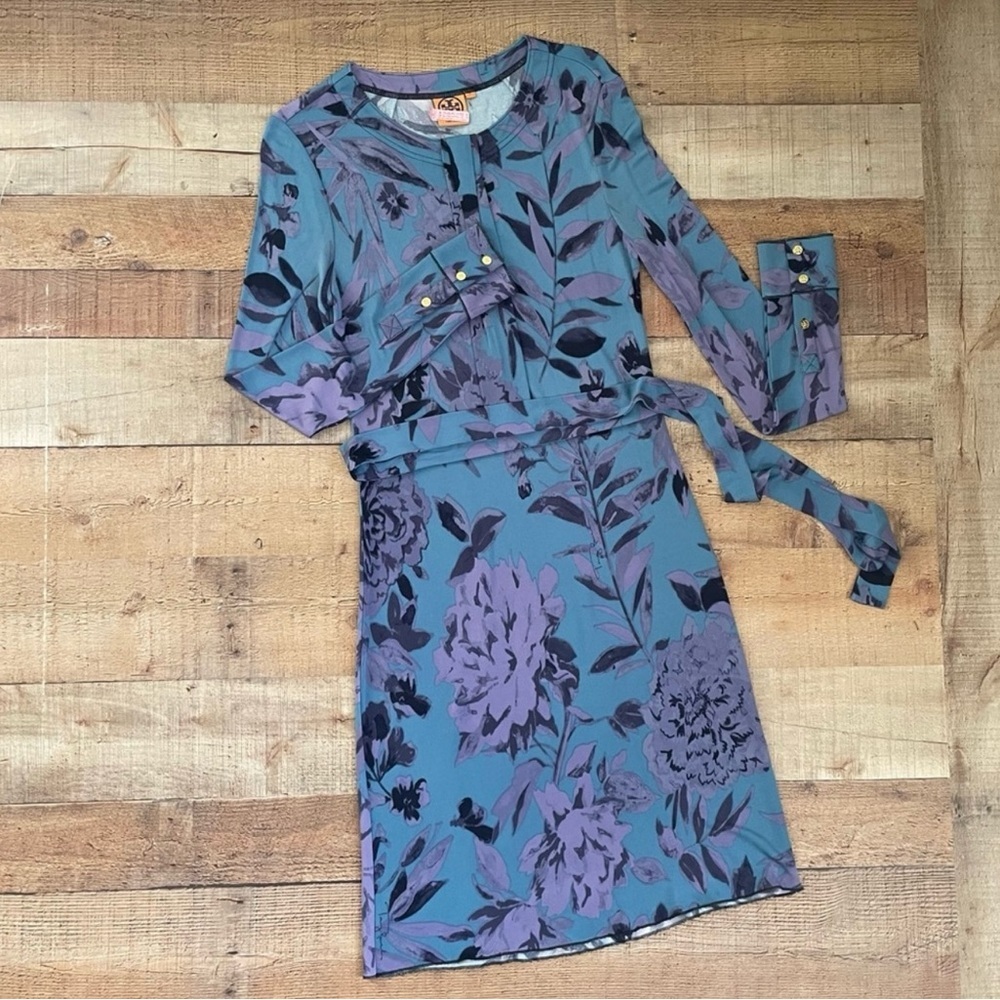 Tory Burch Teal Blue & Lavender Floral Midi Dress